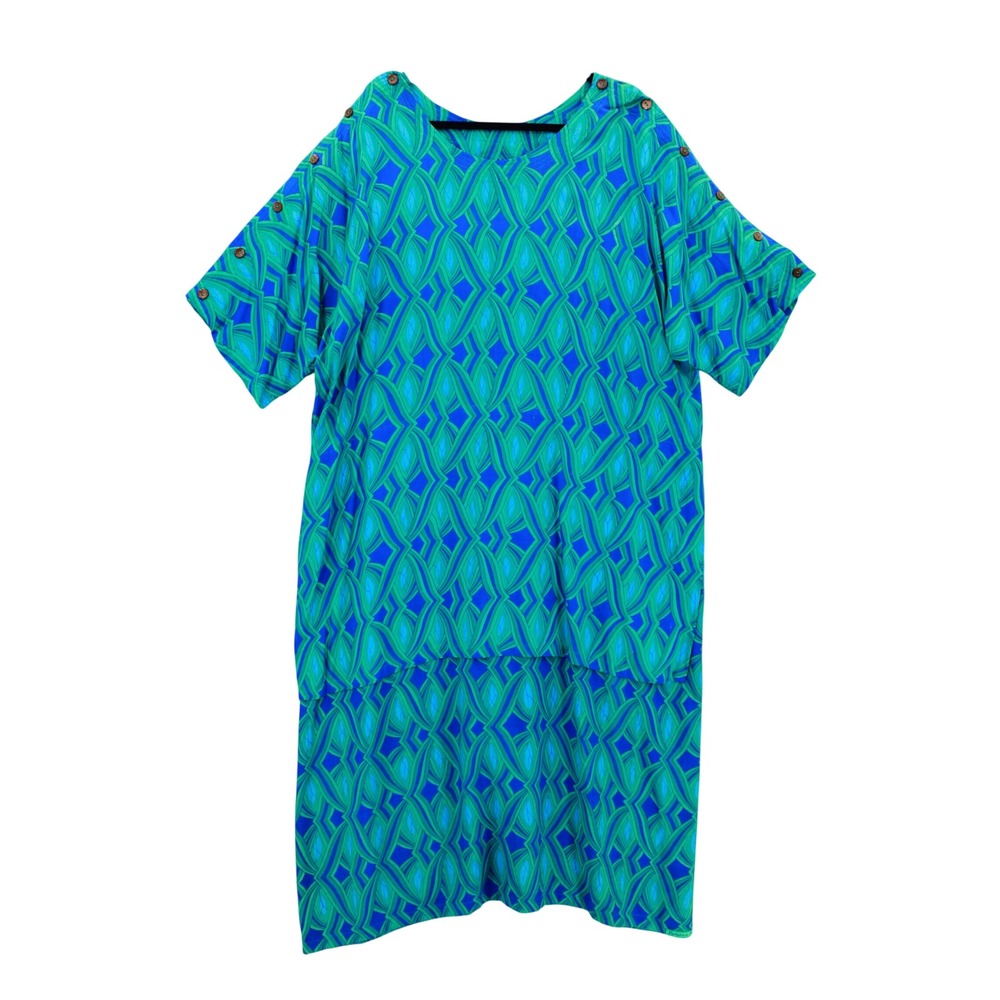 Vintage Rainbow Jo Midi Dress 1XL Blue Green Geometric Button Sleeve Tropical